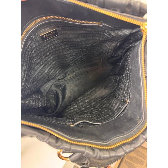 PRADA Nappa Gaufre Handbag Black Gold Leather Crossbody Strap Tote Bag Large - Picture 11 of 13